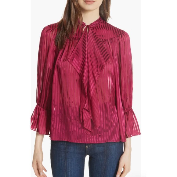 Alice + Olivia Tops - Alice and Olivia Danika Gathered Tie-neck Blouse In Mini Stripe Raspberry